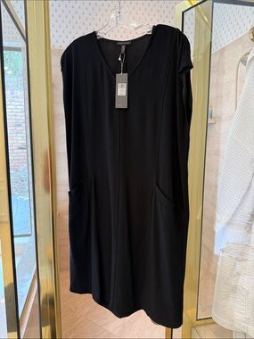 Eileen Fisher Black V-Neck Pocket Dress with matching Jacket featuring3/4 sleeve